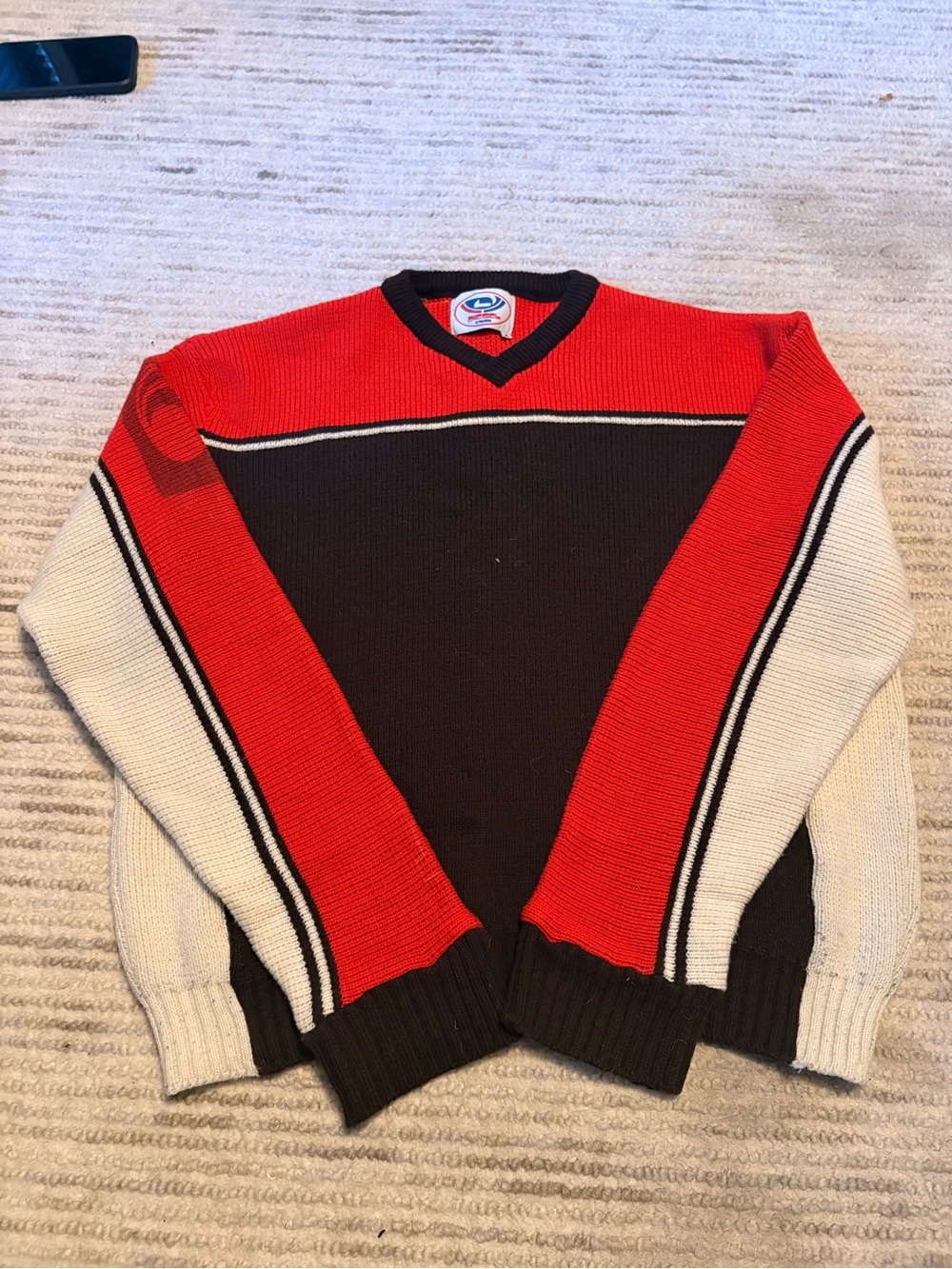 Vintage Diesel Colorblock V-Neck Sweater - Red, Brown & Cream